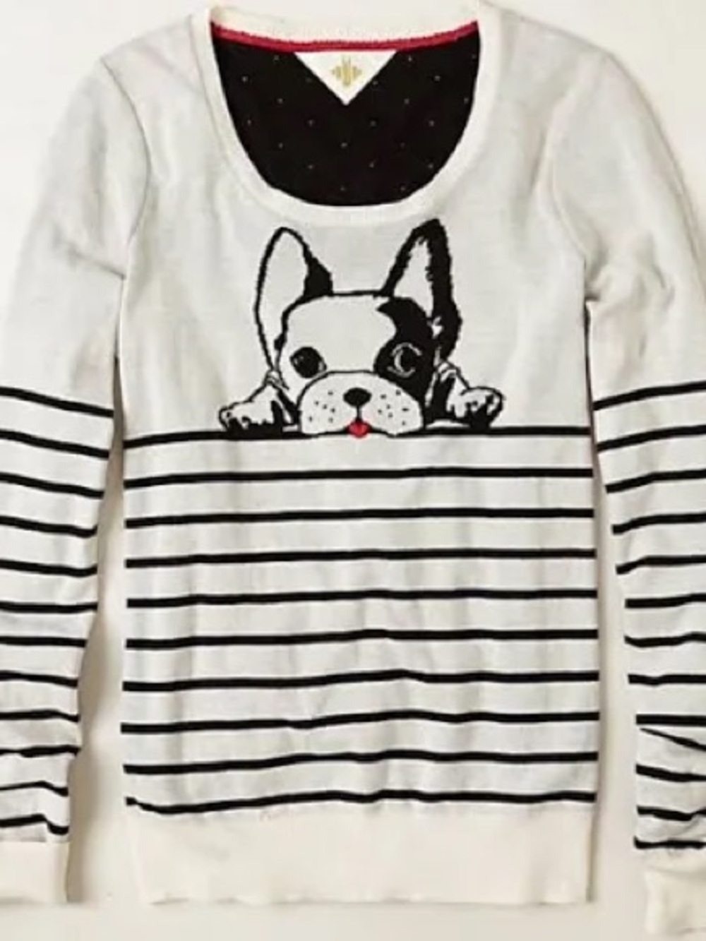 Anthropologie Cream and Black Striped French Bulldog Sweater Size Small